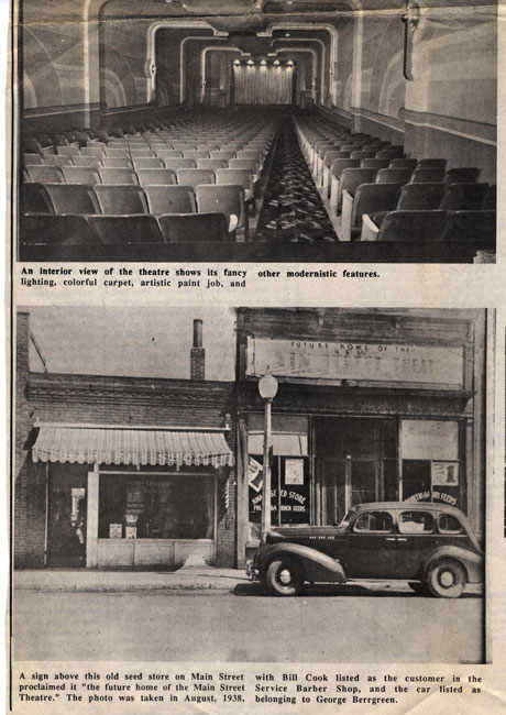 Newspaper article showing photo showing car sitting outside of the future Main Street Theatre location in 1938, before it was constructed, and another photo of the interior of the theater shortly after construction, when there was only one auditorium.