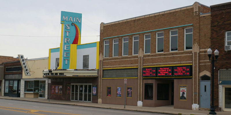 Exterior of Main Street Theatre in 2021, facing NorthEast toward the marquee.
