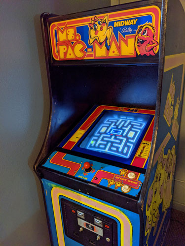 Classic 1982 Ms. Pac-Man arcade cabinet in upper level of Main Street Theatre in Sauk Centre, MN